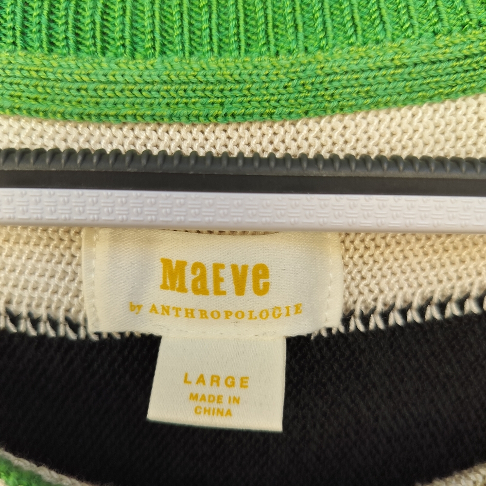 Maeve Anthropologie Black White Stripe Green Trim Boat Neck Sweater Size Large - Picture 5 of 9